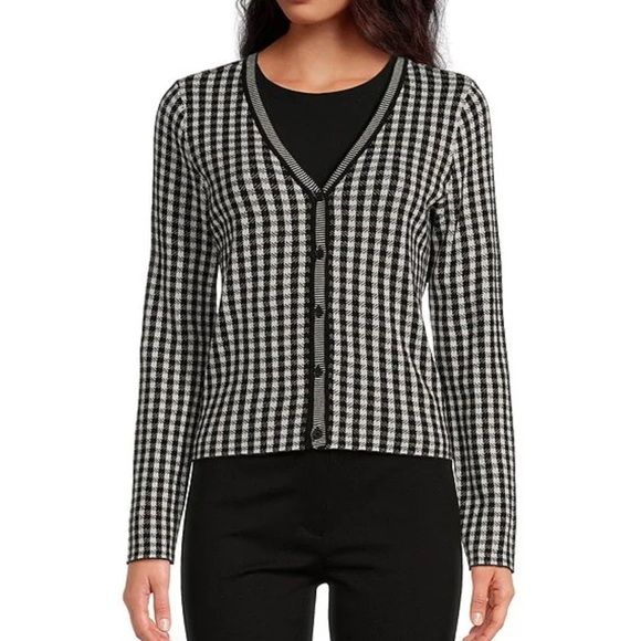 Cece Gingham Jacquard V-Neck Long Sleeve Cardigan Jacket NWT sz Large - Picture 1 of 7